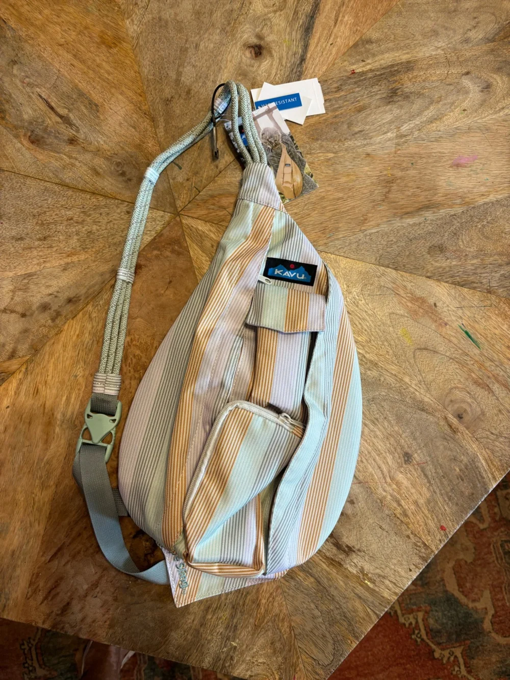 Kavu Pastel Stripe Rope Sling Bag - Light Blue & Tan